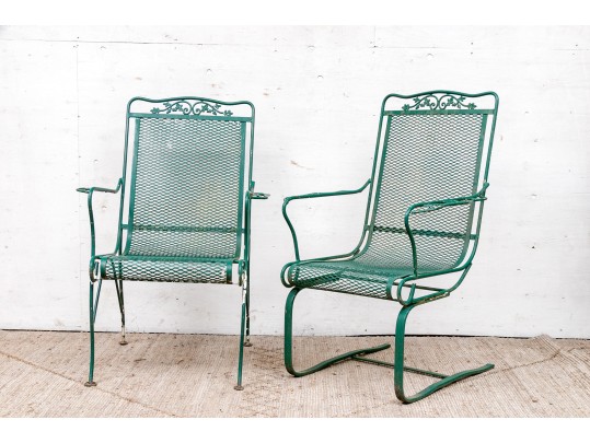 Three Piece Vintage Green Painted Wrought Iron Patio Set