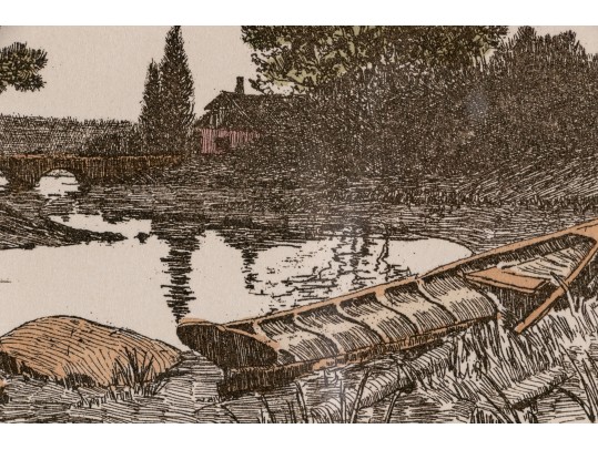 English School, Framed Antique Colored Engraving, River Landscape