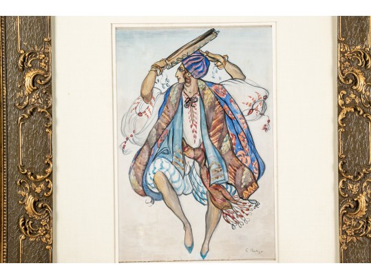 Attributed To: Leon Bakst (Russian, 1866-1924), Ink And Watercolor On Paper Card