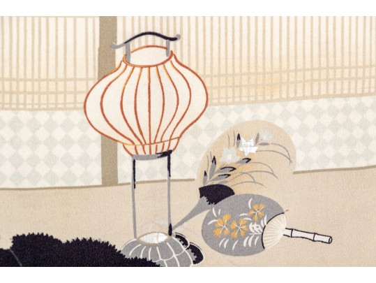 Large Scale Framed New Age Japanese Tryptich, Printed And Embroidered Fabric Scenes