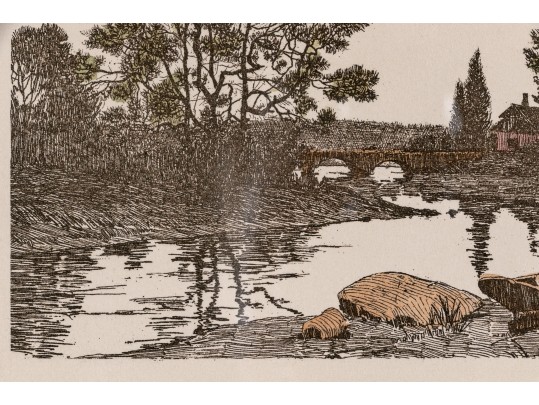 English School, Framed Antique Colored Engraving, River Landscape