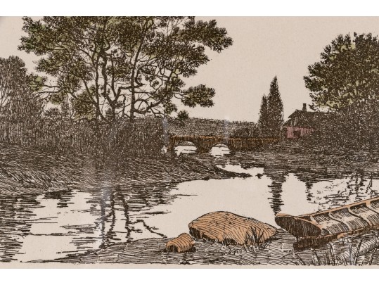 English School, Framed Antique Colored Engraving, River Landscape