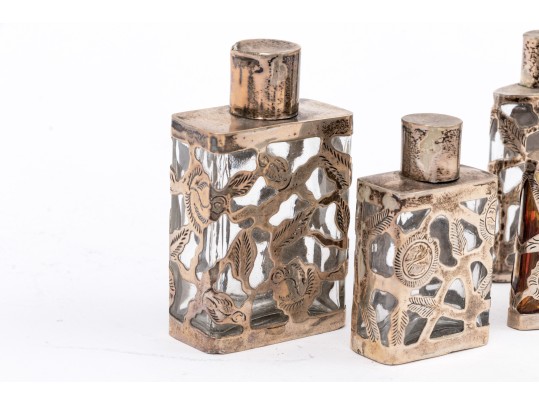Collection Of Four Mexican 925 Silver Overlay Glass Perfumes