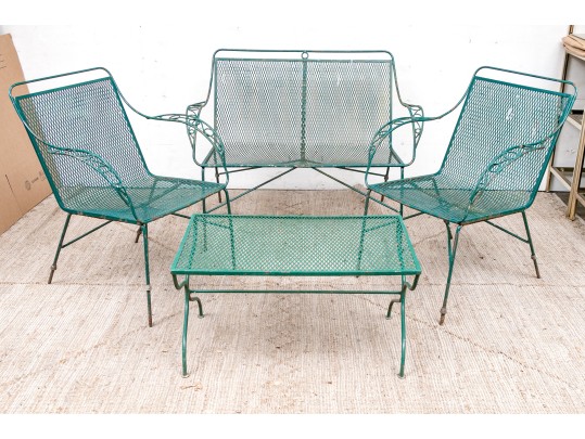 Four Piece Elegant Vintage Green Painted Wrought Iron Patio Set