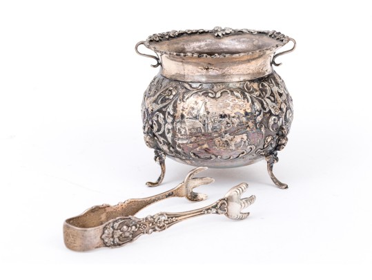 Antique Netherlands 833 Silver Footed Sugar Bowl With Village Scenes, And Sterling Silver Tongs 