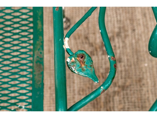 Three Piece Vintage Green Painted Wrought Iron Patio Set