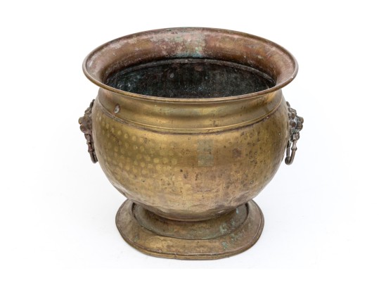 Brass Jardiniere With Lion Heads And Copper Liner