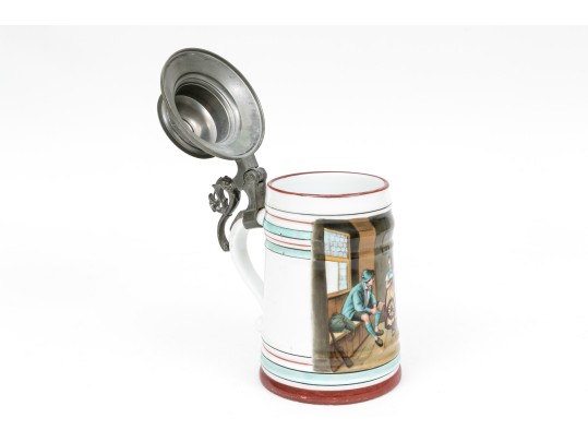 Pair Of Fabulous German Lithopane Steins, With Scenes In The Bottom Of The Stein