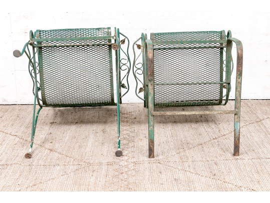 Three Piece Vintage Green Painted Wrought Iron Patio Set