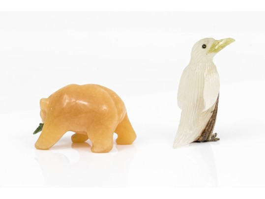 Lot Of Two Fun Stone Animals, Including A Chalcedony Bear And An Agate And Multi Stone Penguin