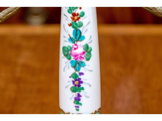 Pair Of Antique Brass And Painted Porcelain Candelabra