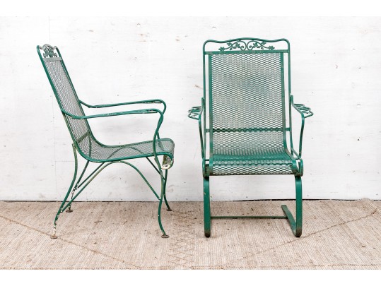 Three Piece Vintage Green Painted Wrought Iron Patio Set