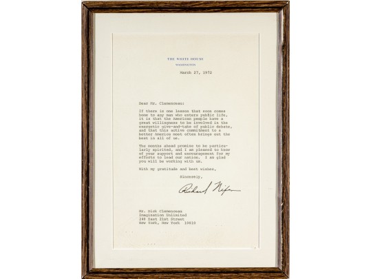 Historic Signed Letter From Former President Richard Nixon To A Donor, Dated March 27, 1972