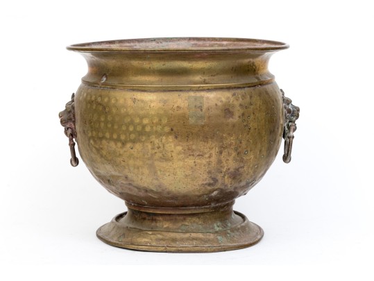 Brass Jardiniere With Lion Heads And Copper Liner