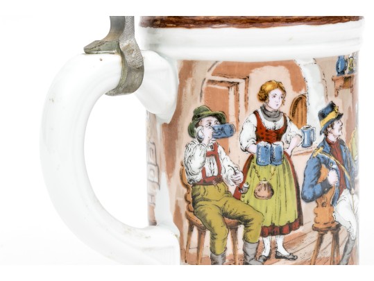 Pair Of Fabulous German Lithopane Steins, With Scenes In The Bottom Of The Stein