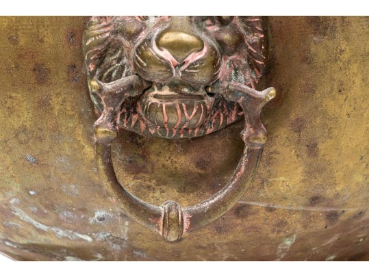 Brass Jardiniere With Lion Heads And Copper Liner