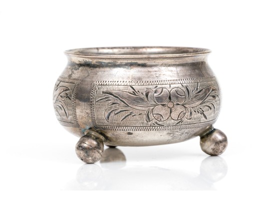 Antique Russian 84 Silver Chased Salt And 875 Russian Silver Rimmed Cut Glass Nut Dish