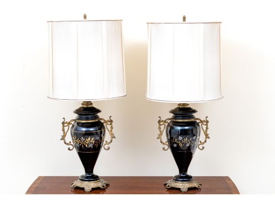 Pair Of Antique Painted Glass Oil Lamps Mounted As Electric Twin Light Table Lamps 