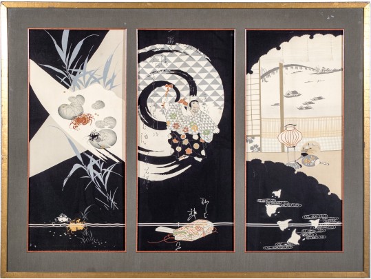 Large Scale Framed New Age Japanese Tryptich, Printed And Embroidered Fabric Scenes