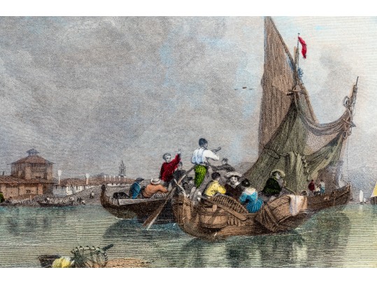 Antique Framed Color Engraving Of Murano, Venice