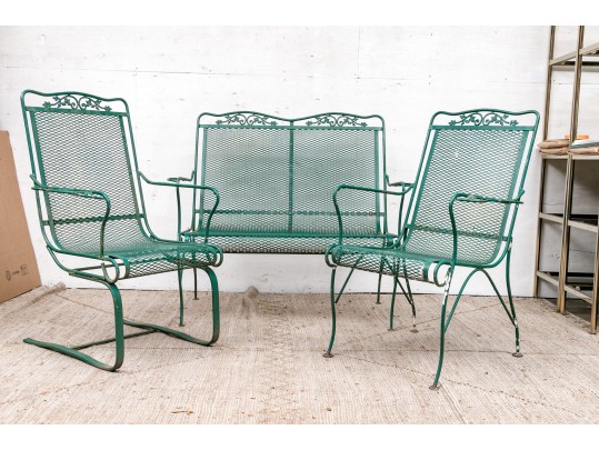 Three Piece Vintage Green Painted Wrought Iron Patio Set