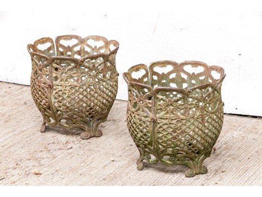 Very Decorative Pair Of Vintage Cast Iron Planters
