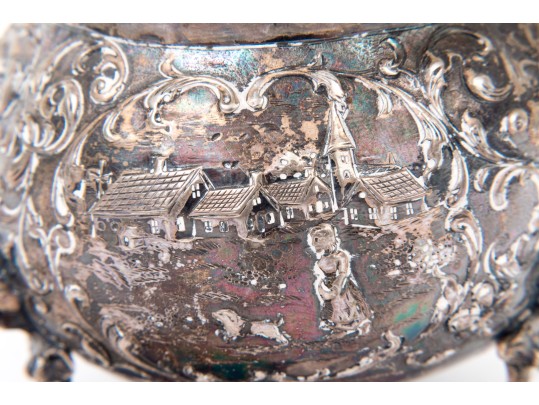 Antique Netherlands 833 Silver Footed Sugar Bowl With Village Scenes, And Sterling Silver Tongs 