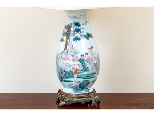 Large Antique Chinese Famille Rose Painted Porcelain Vase Mounted As A Table Lamp