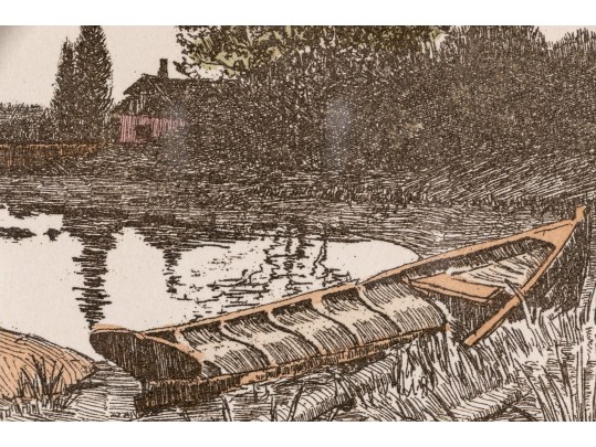 English School, Framed Antique Colored Engraving, River Landscape