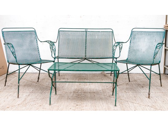 Four Piece Elegant Vintage Green Painted Wrought Iron Patio Set
