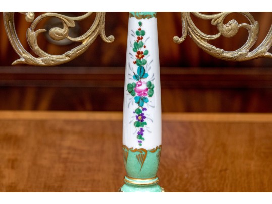 Pair Of Antique Brass And Painted Porcelain Candelabra