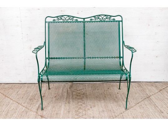 Three Piece Vintage Green Painted Wrought Iron Patio Set
