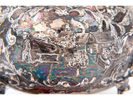 Antique Netherlands 833 Silver Footed Sugar Bowl With Village Scenes, And Sterling Silver Tongs 