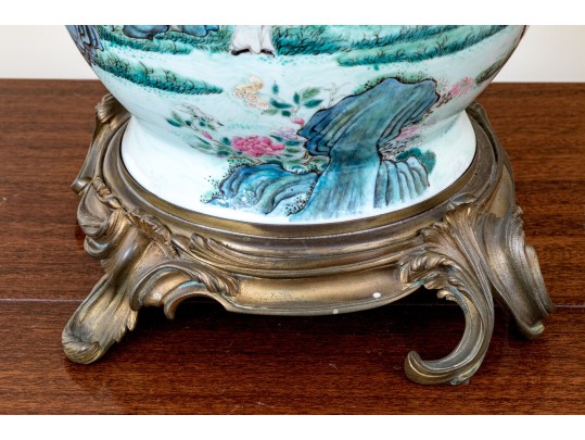 Large Antique Chinese Famille Rose Painted Porcelain Vase Mounted As A Table Lamp
