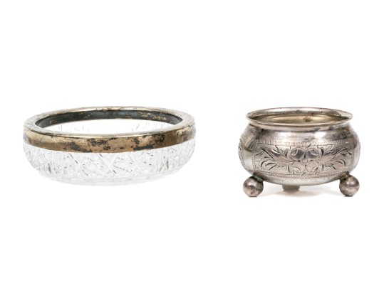 Antique Russian 84 Silver Chased Salt And 875 Russian Silver Rimmed Cut Glass Nut Dish