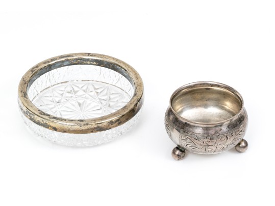 Antique Russian 84 Silver Chased Salt And 875 Russian Silver Rimmed Cut Glass Nut Dish