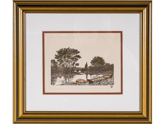 English School, Framed Antique Colored Engraving, River Landscape