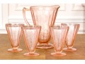 Vintage Jeanette Glass Pink Depression Poinsettia Floral Pitcher With 4 Footed Tumblers