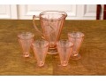 Vintage Jeanette Glass Pink Depression Poinsettia Floral Pitcher With 4 Footed Tumblers