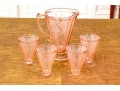Vintage Jeanette Glass Pink Depression Poinsettia Floral Pitcher With 4 Footed Tumblers