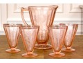 Vintage Jeanette Glass Pink Depression Poinsettia Floral Pitcher With 4 Footed Tumblers