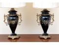 Pair Of Antique Painted Glass Oil Lamps Mounted As Electric Twin Light Table Lamps 