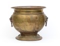 Brass Jardiniere With Lion Heads And Copper Liner