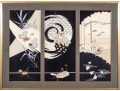 Large Scale Framed New Age Japanese Tryptich, Printed And Embroidered Fabric Scenes