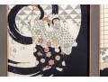 Large Scale Framed New Age Japanese Tryptich, Printed And Embroidered Fabric Scenes