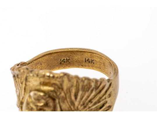 14k Gold Plated Brass Indian Head Ring, Diamond Cut, Size 9