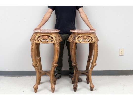 Pair Of Oriental Marble Top Incised Pedestal Stands 