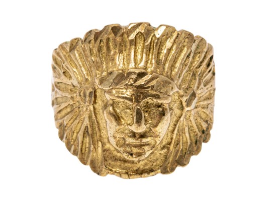 14k Gold Plated Brass Indian Head Ring, Diamond Cut, Size 9