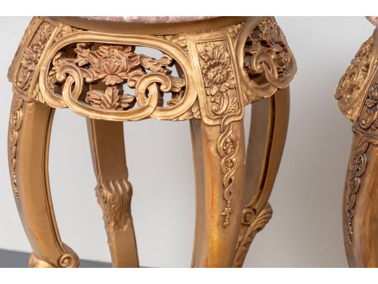 Pair Of Oriental Marble Top Incised Pedestal Stands 