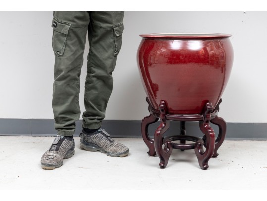 Red Ceramic Chinese Fishbowl Planter & Stand